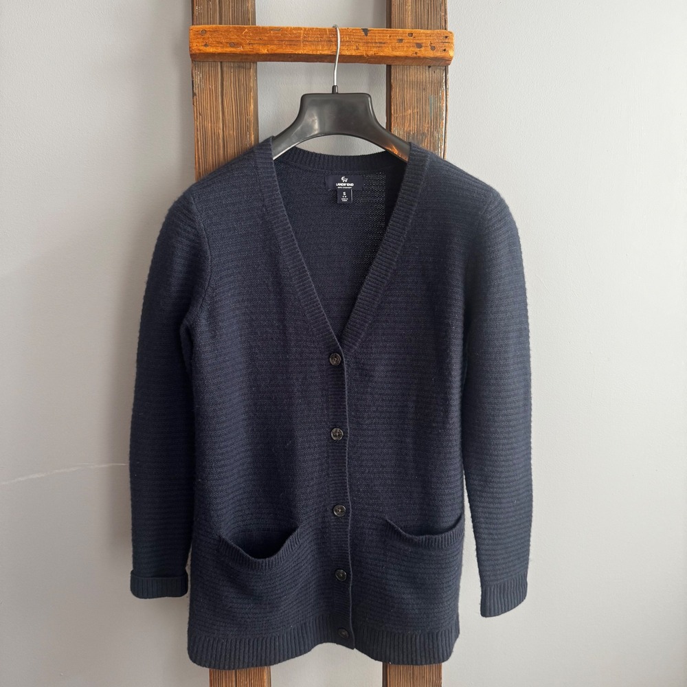 Lands End 100% Cashmere Womens Navy Blue V Neck Cardigan‎ Sweater Small Coastal